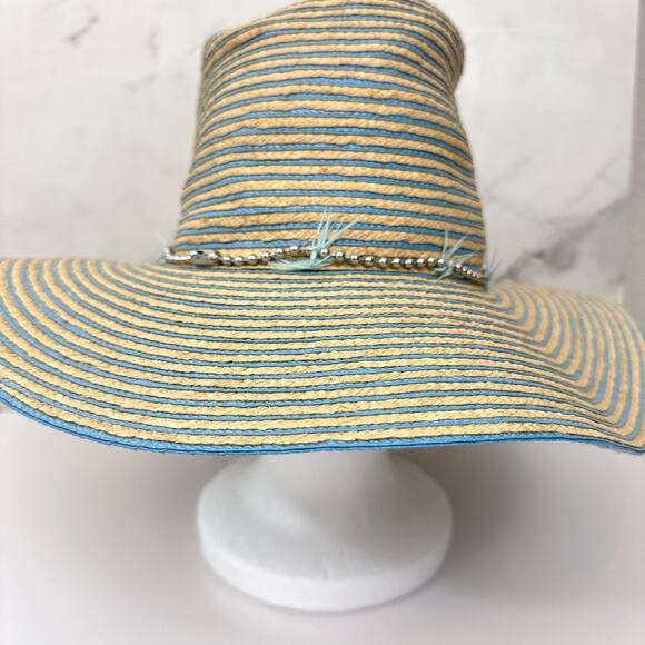Gigi Burris Millinery Womens Jeanne Staw Hat Striped Metal Feather Summer Blue main image 6